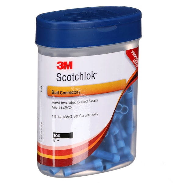 3M Scotchlok Butt Splice Connector, 16-14 AWG, PK100 - MVU14BCX