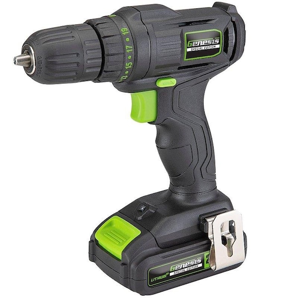 Genesis Cordless Drill and Driver, Battery Included, 20 V, 3/8 in Chuck, Keyless Chuck - GLCD20CSE