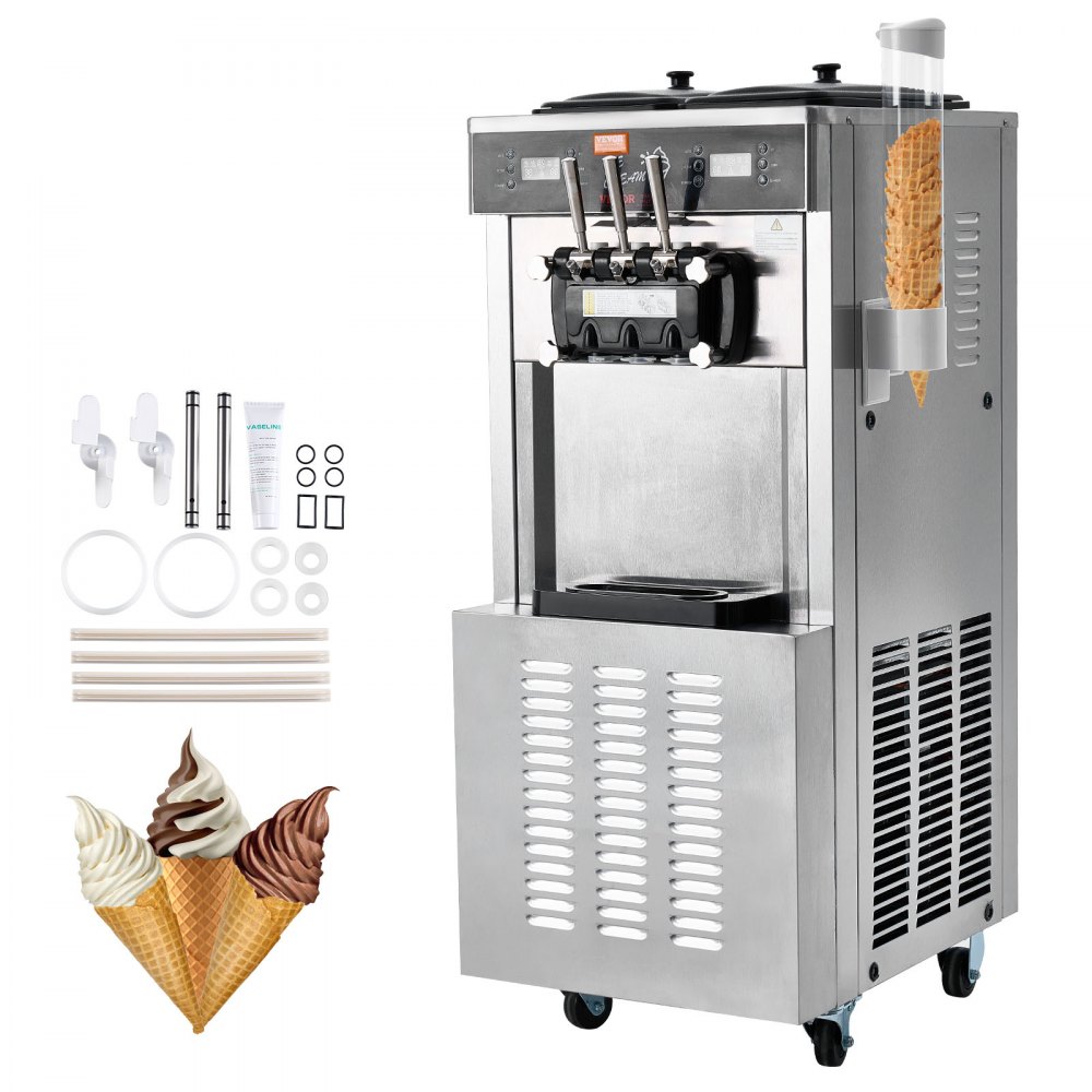 VEVOR Commercial Ice Cream Machine, 34-44 L/H Yield, 3400W 3-Flavor Freestanding Soft Serve Ice Cream Maker, 2 x 9L Stainless Steel Hopper, LED Panel Allows Single Cylinder Use Overnight Refrigeration - ZLSRBQLJCMYSJ74FPV4