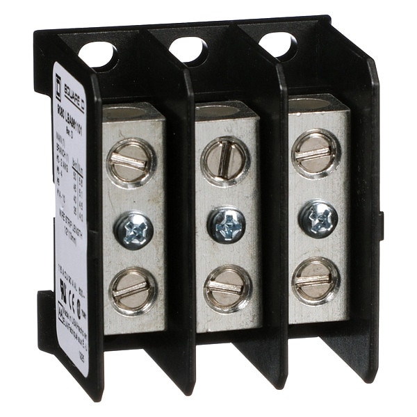 Square D Miniature Distribution Block, Surface Mount, 3 Poles, 14 AWG to 2 AWG, 115 A, 600 V AC/DC, Black - 9080LBA361101