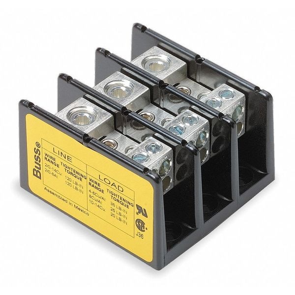 Eaton Bussmann Miniature Distribution Block, 3 Poles, 14 AWG to 2/0 AWG, 175 A, 600 V AC/DC, Black - 16220-3