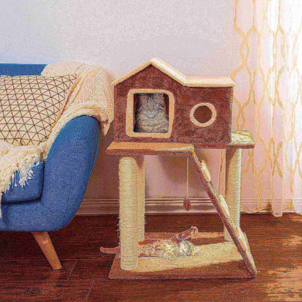 Pet Adobe 3-tier 34.5-inch Cat Tree Multilevel Tower with Scratching Posts, Ladder and Toys for Cats/Kittens - 599663DNS
