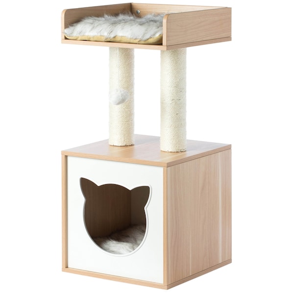 Pawsmark Cat Tree Play House Condo Cube Cave, Platform, Scratcher Post and Ball Toy - QI003734