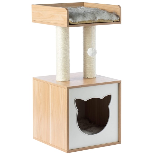 Pawsmark Cat Tree Play House Condo Cube Cave, Platform, Scratcher Post and Ball Toy - QI003734