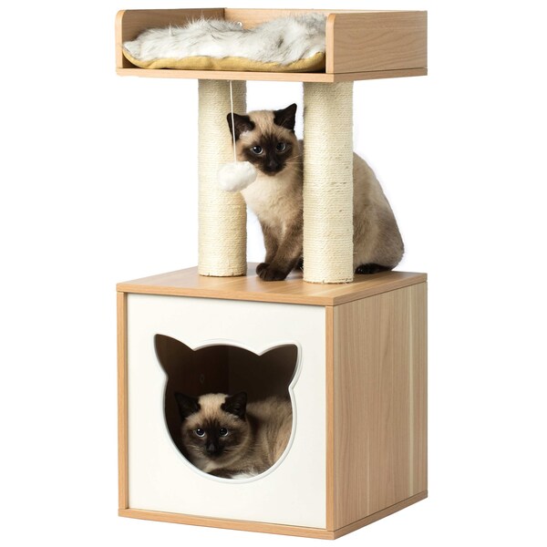 Pawsmark Cat Tree Play House Condo Cube Cave, Platform, Scratcher Post and Ball Toy - QI003734