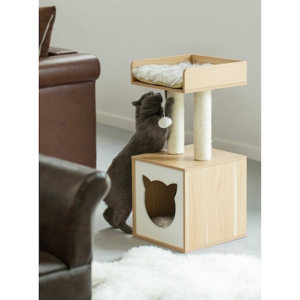 Pawsmark Cat Tree Play House Condo Cube Cave, Platform, Scratcher Post and Ball Toy - QI003734