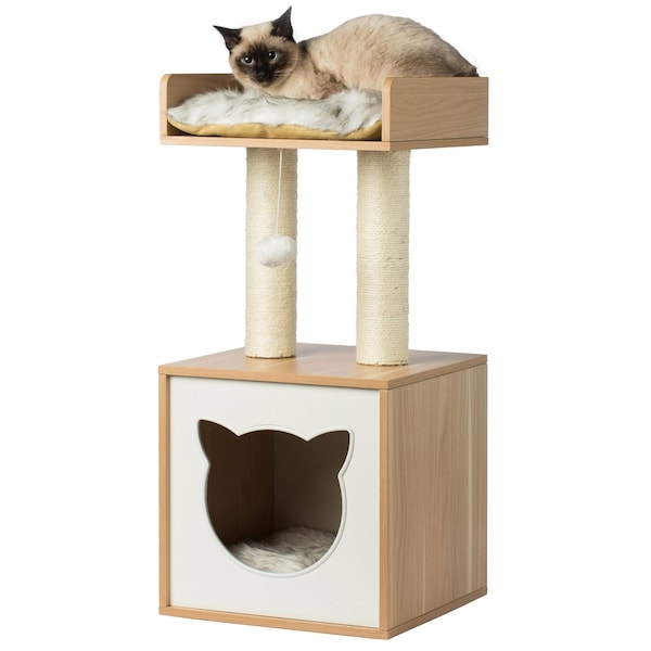 Pawsmark Cat Tree Play House Condo Cube Cave, Platform, Scratcher Post and Ball Toy - QI003734
