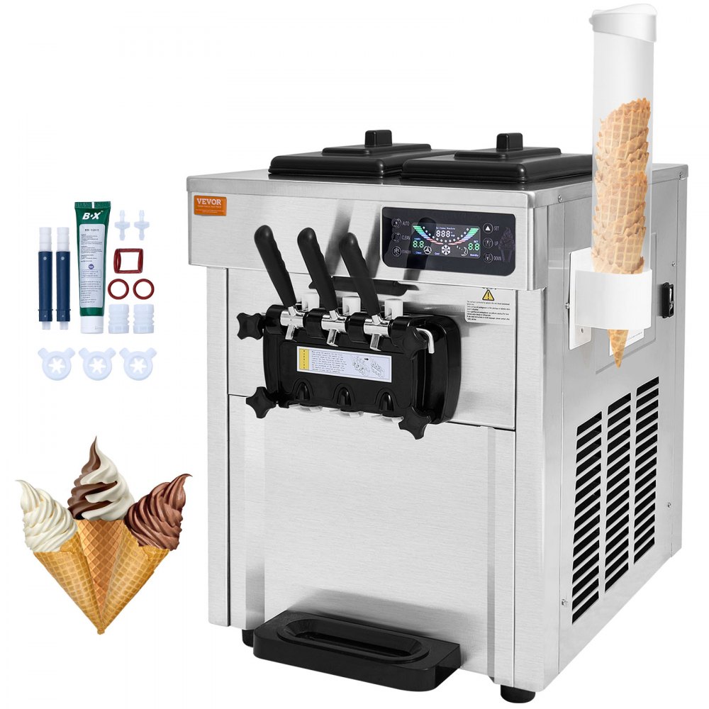 VEVOR Commercial Ice Cream Machine, 18-28 L/H Yield, 1850W 3-Flavor Countertop Soft Serve Ice Cream Maker,  2 x 5.5L Stainless Steel Cylinder, LED Panel Auto Clean Pre-cooling, for Restaurant Bars - TMSRBQLJSKWAJDTR0V1