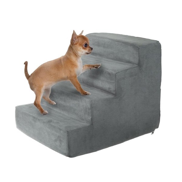 Daretocare Foam Pet Stairs 4 Steps w/Machine Washable Zippered Micro-Fiber Cover w/Non-slip Bottom - Gray - DA3238797