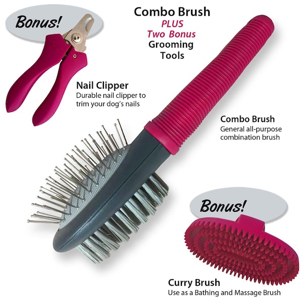 Pamperedpets Combo Brush, Nail Clipper & Curry Brush Grooming Set for All Dogs - PA3482740