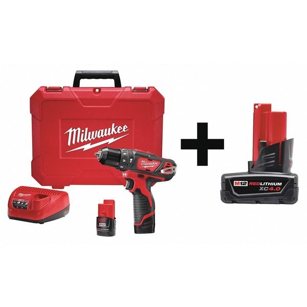 Milwaukee Tool 12.0 V Hammer Drill, Battery Included, 3/8 in Chuck - 2408-22, 48-11-2440