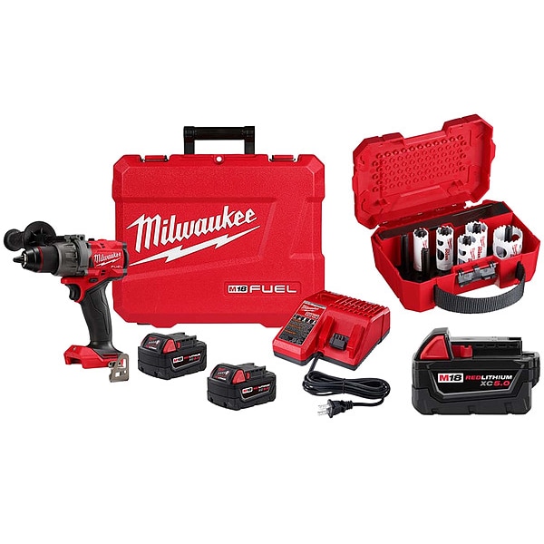 Milwaukee Tool Hammer Drill Kit, Keyless, 18V, Includes Batteries (5 Ah) & Charger - 2904-22, 48-11-1850, 49-22-4006