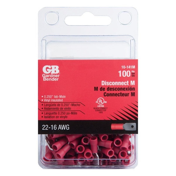 Gardner Bender 22-16 Ga. Insulated Wire Male Disconnect Red 100 pk - 10-141M