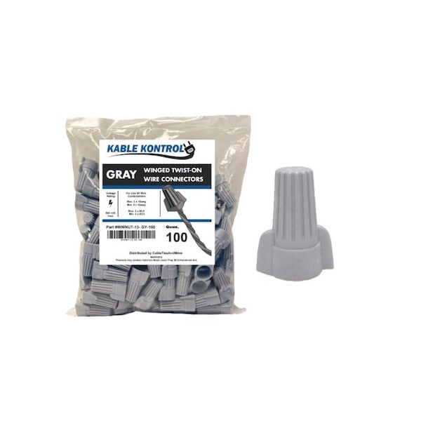Kable Kontrol Kable Kontrol® Electrical Wire Connectors Nuts - Winged - Fits Wire 12 - 10 AWG - 100 Pcs - Gray - WWNUT-13-GY-100
