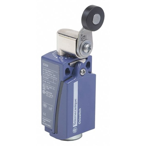 Interruptor de límite de Telemecanique Sensors, palanca de rodillo, rotativo, 1NC/1NO, 10A @ 240V AC, ubicación del actuador: Lateral - XCKD2118N12.