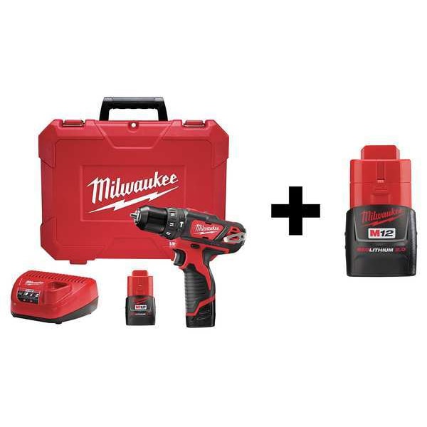 Milwaukee Tool 12.0 V Hammer Drill, Battery Included, 3/8 in Chuck - 7DF42