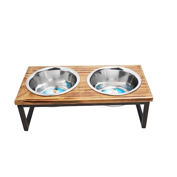 Indipets 1 Pint Contemporary Wooden Elevated Feeded, Stainless Steel - 90047