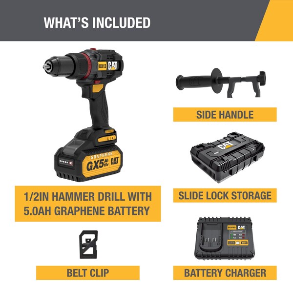 Caterpillar Cat 18V 1 FOR ALL 1/2 in. Cordless Hammer Drill with Brushless Motor and Graphene Battery - DX13