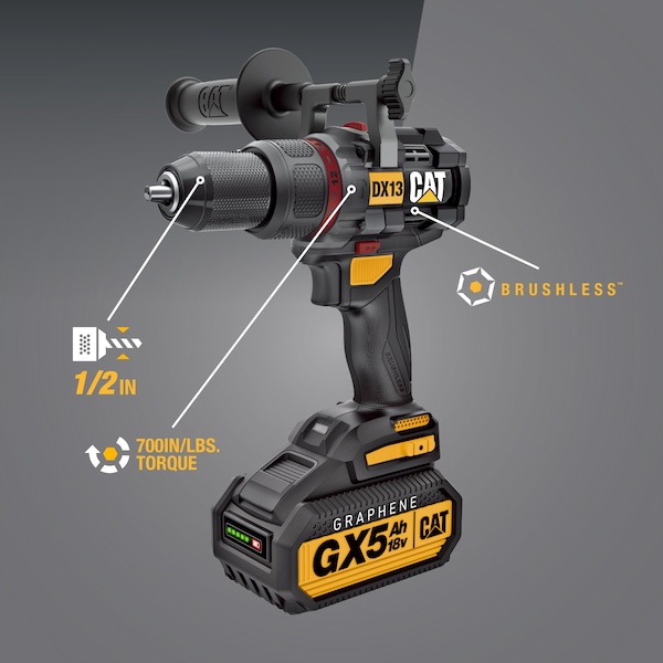 Caterpillar Cat 18V 1 FOR ALL 1/2 in. Cordless Hammer Drill with Brushless Motor and Graphene Battery - DX13