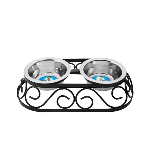 Indipets 1 qt. Oval Crown Double Diner - Wrought Iron Elevated Feeder, Black - 90045