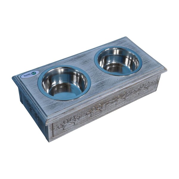 Iconic Pet Sassy Paws Wooden Pet Double Diner with Stainless Steel Bowls, Antique Gray - Small - 52066