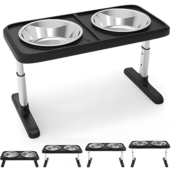 Amiableamable Adjustable Height Raised Pet Stand Feeder with 2 Stainless Steel Bowls - AM3286233