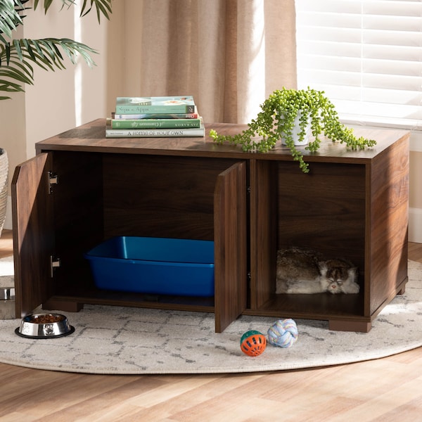 Baxton Studio Jasper Walnut Brown Finished 2-Door Wood Cat Litter Box Cover House - 157-9544
