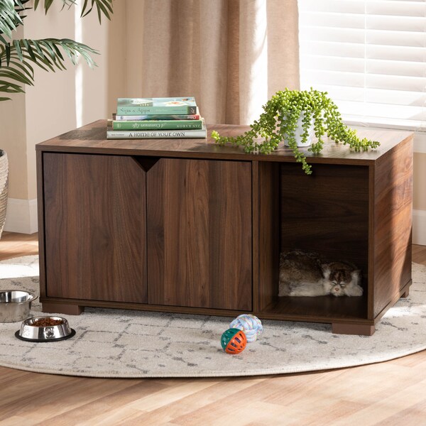 Baxton Studio Jasper Walnut Brown Finished 2-Door Wood Cat Litter Box Cover House - 157-9544
