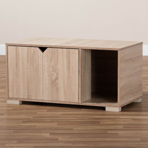 Baxton Studio Jasper Oak Finished 2-Door Wood Cat Litter Box Cover House - 157-9543