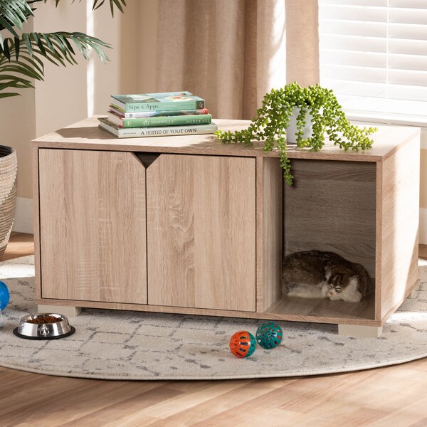 Baxton Studio Jasper Oak Finished 2-Door Wood Cat Litter Box Cover House - 157-9543