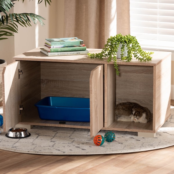 Baxton Studio Jasper Oak Finished 2-Door Wood Cat Litter Box Cover House - 157-9543