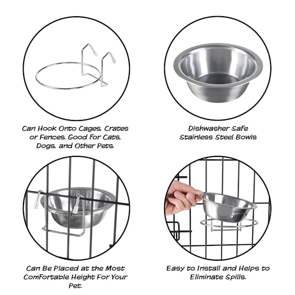 Pet Adobe Set of 2 Stainless Steel Hanging Pet Bowls, Cage, Kennel, for Food and Water, Dogs / Cats, 20-Fl Oz - 549386BEY