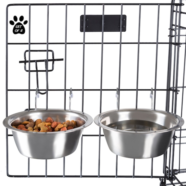 Pet Adobe Set of 2 Stainless Steel Hanging Pet Bowls, Cage, Kennel, for Food and Water, Dogs / Cats, 20-Fl Oz - 549386BEY