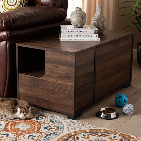 Baxton Studio Connor Walnut Brown Finished 2-Door Cat Litter Box Cover House - 166-10744