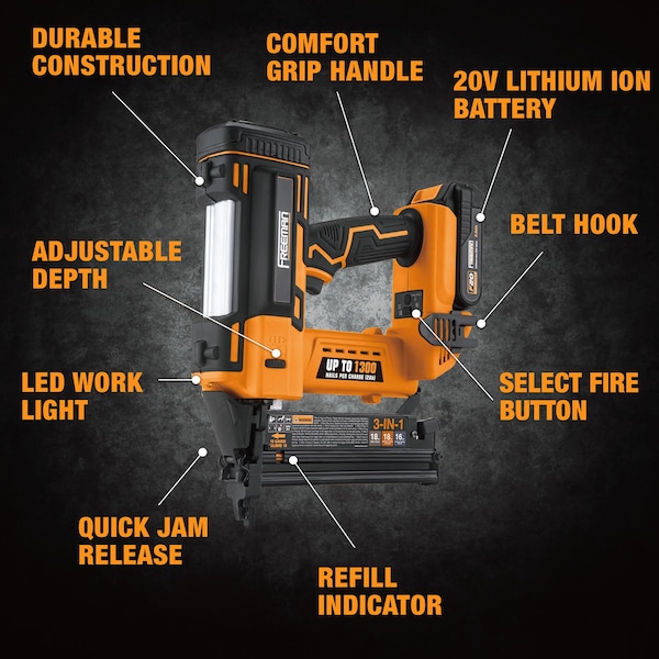 Freeman Electric 20V 3-In-1 Cordless 16/18 Gauge Nailer & Stapler With Canvas Bag - PE20V31618G