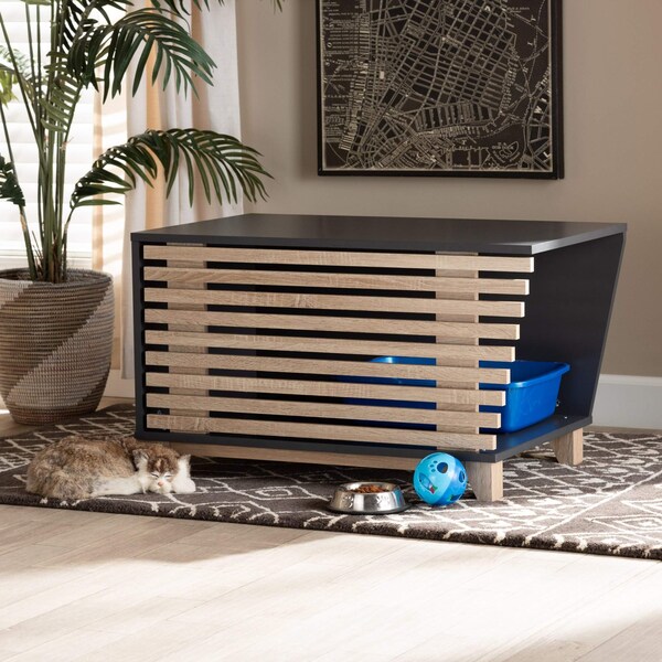Baxton Studio Eckhart ModernTwo-Tone Dark Grey and Oak Finished Wood Cat Litter Box Cover House - 194-11760-ZORO