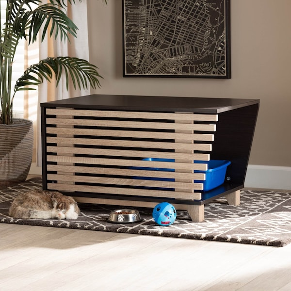 Baxton Studio Eckhart ModernTwo-Tone Dark Brown and Oak Finished Wood Cat Litter Box Cover House - 194-11762-ZORO