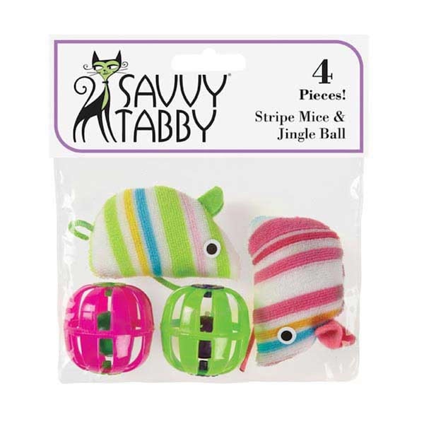 Savvy Tabby Stripe Mice & Jingle Ball 4 Pk - SA391965