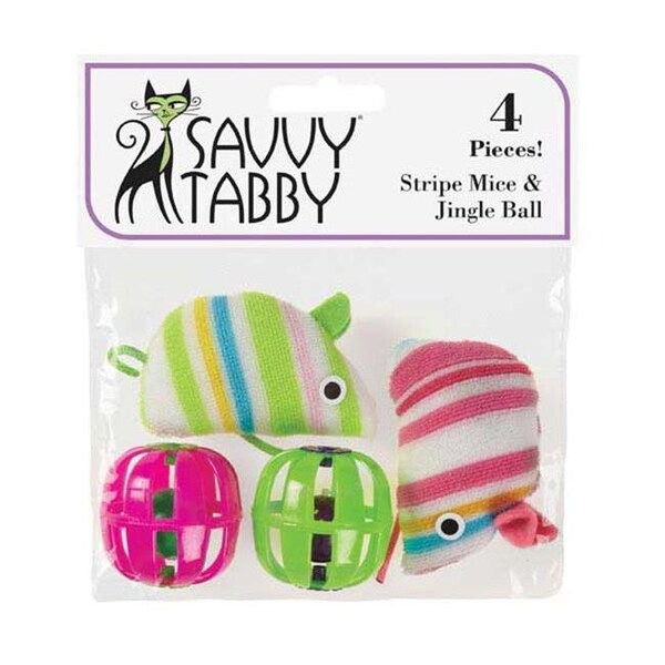 Savvy Tabby Savvy Tabby US4656 04 Stripe Mice & Jingle Ball 4 Pk - US4656 04