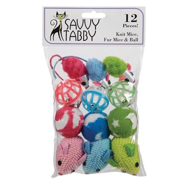 Savvy Tabby Savvy Tabby US1396 12 ST Knit Mice; Synthetic Fur Mice and ball 12 Pk - US1396 12