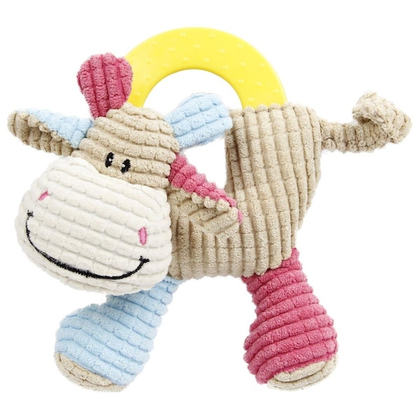 Petpurifiers Moo-cifier Plush Squeaking & Rubber Teething Newborn Puppy Dog Toy - Brown Blue & Pink - PE3177728