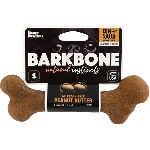 Barkbone Petmate Dog Toy, S, Peanut Butter, Chew Toy, Natural Instincts Infused Wood Dinosaur, Nylon - 36037