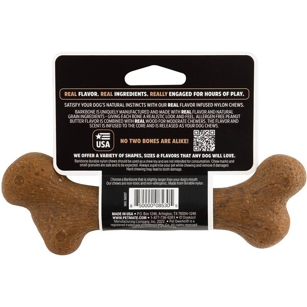 Barkbone Petmate Dog Toy, S, Peanut Butter, Chew Toy, Natural Instincts Infused Wood Dinosaur, Nylon - 36037