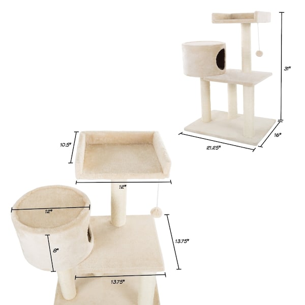 Pet Adobe 3-tier 31-inch Cat Tree Multilevel Tower with Scratching Posts, Bed and Toys for Cats/Kittens - 133869QGI