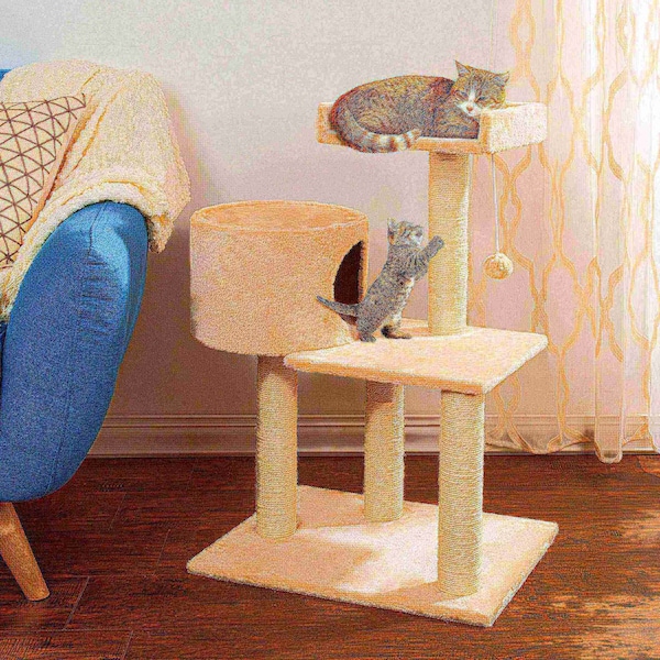 Pet Adobe 3-tier 31-inch Cat Tree Multilevel Tower with Scratching Posts, Bed and Toys for Cats/Kittens - 133869QGI
