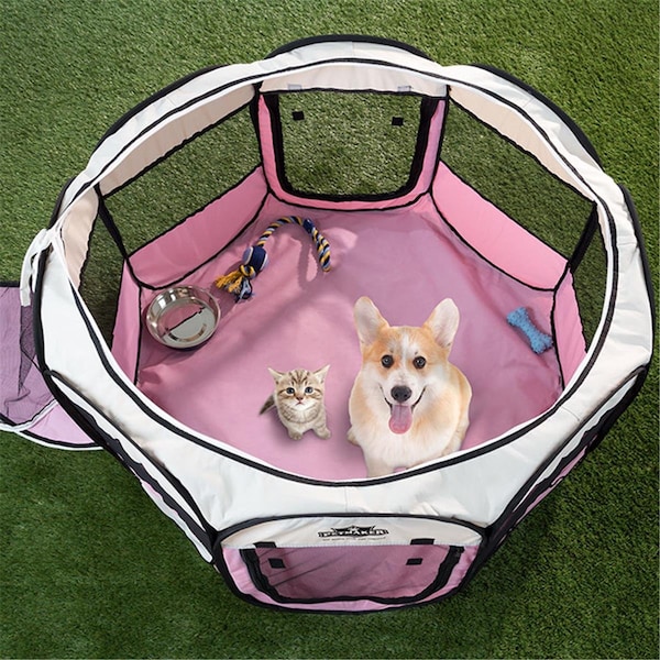 Daretocare Portable Pop Up Pet Play Pen with Carrying Bag, Pink - 38 in. dia. x 24 in. - DA3856517