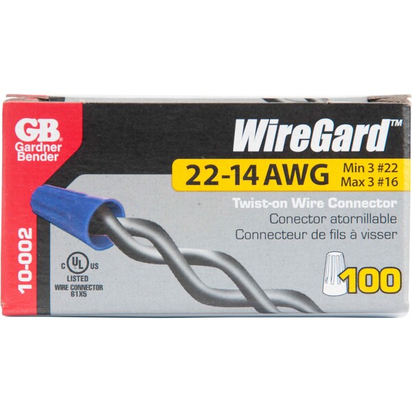 Gardner Bender WireGard 2 Wire Connector, 22 to 16 AWG Wire, Steel Contact, Polypropylene Housing Material, Blue - 10-002