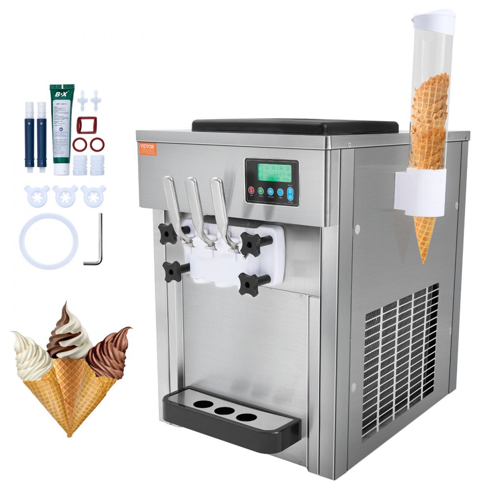 VEVOR Commercial Ice Cream Machine, 21 QT/H Yield, 1800W 3-Flavor Countertop Soft Serve Ice Cream Maker, 2 x 4L Hopper 2 x 1.8L Cylinder, LCD Panel Auto Clean Pre-cooling, for Restaurant Snack Bar - TMSRBQLJAJWSYC2RIV1