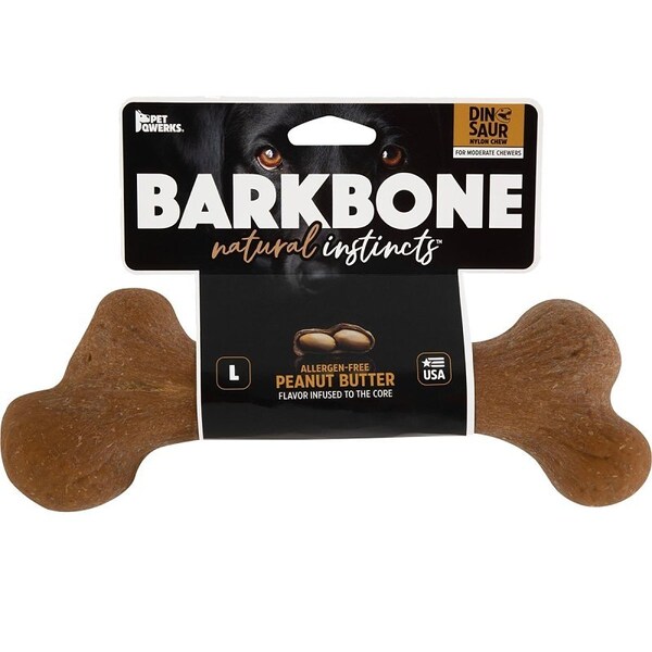 Barkbone Petmate Dog Toy, L, Peanut Butter, Chew Toy, Natural Instincts Infused Wood Dinosaur, Nylon - 36035