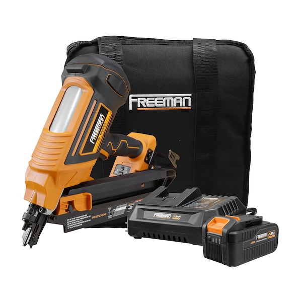Freeman 20V Cordless 34 Degree, 3-1/2in Clipped Head Framing Nailer Kit including Fasteners With Canvas Bag - PE20V3490